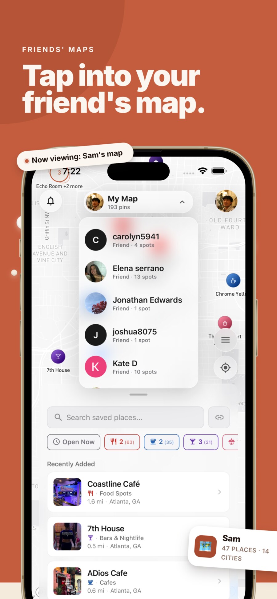 Pingo App Store screenshot: switching between friends' maps.
