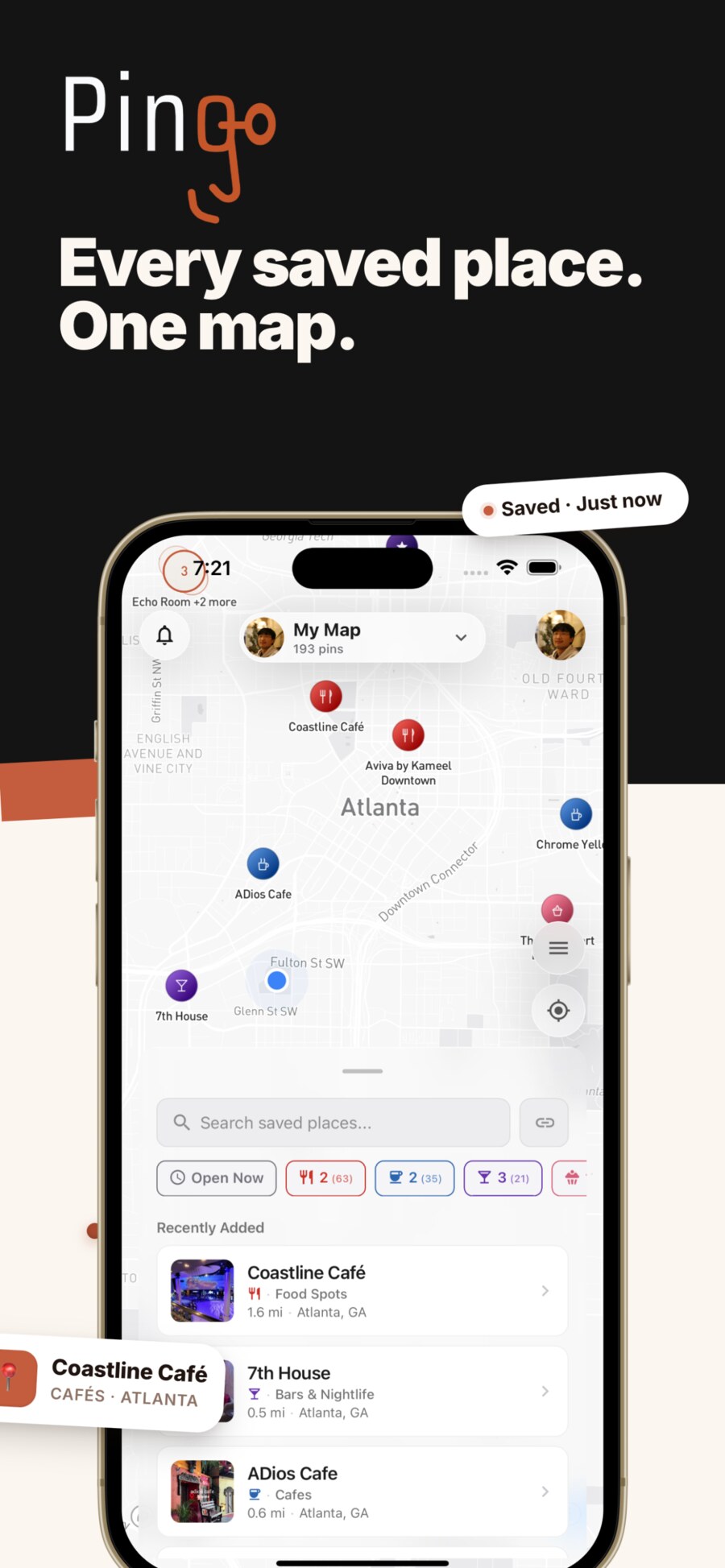 Pingo App Store screenshot: every saved place on one map.