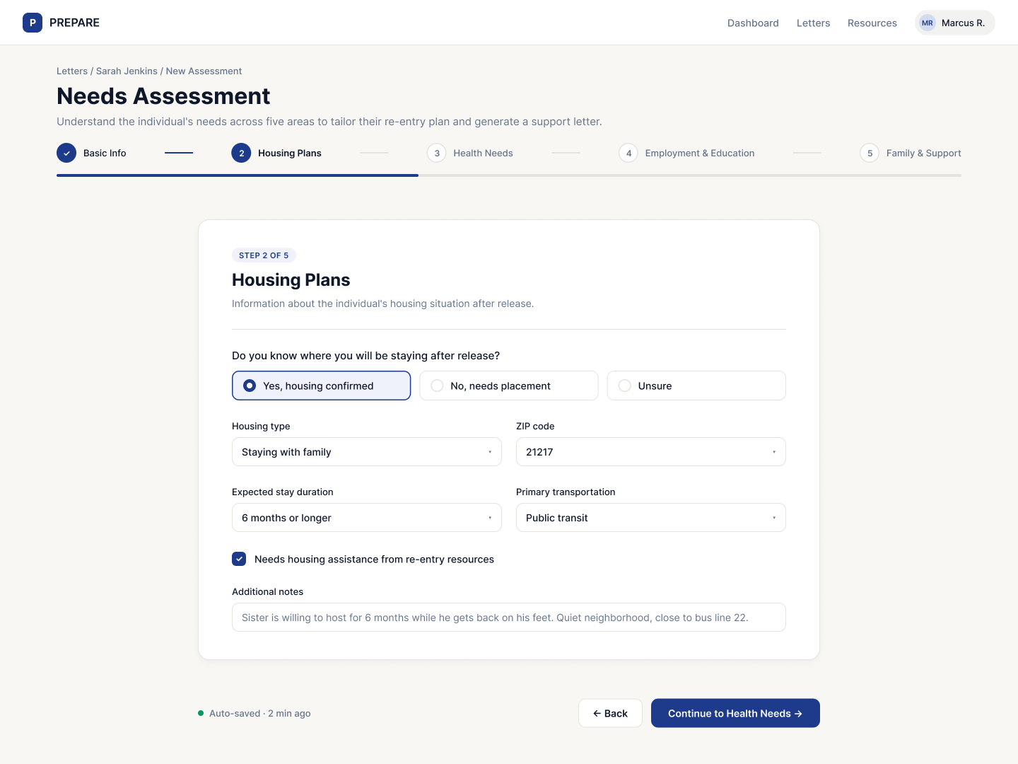 The PREPARE needs assessment: a five-step form with the housing plans step open.
