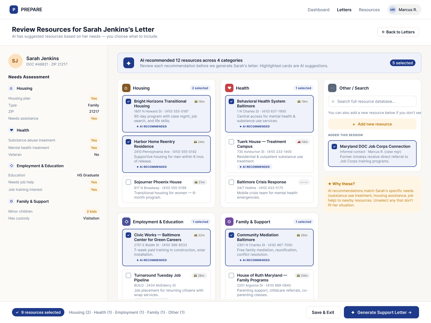 The PREPARE resource review screen: AI-recommended resources by category, with checkboxes for a person to confirm.