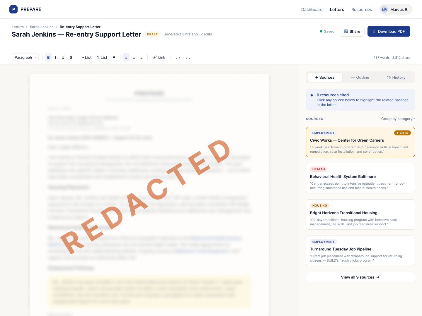 The PREPARE letter editor, with the letter text redacted and the cited resources listed beside it.