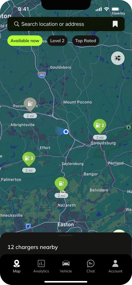 splitEV driver map showing nearby available chargers.