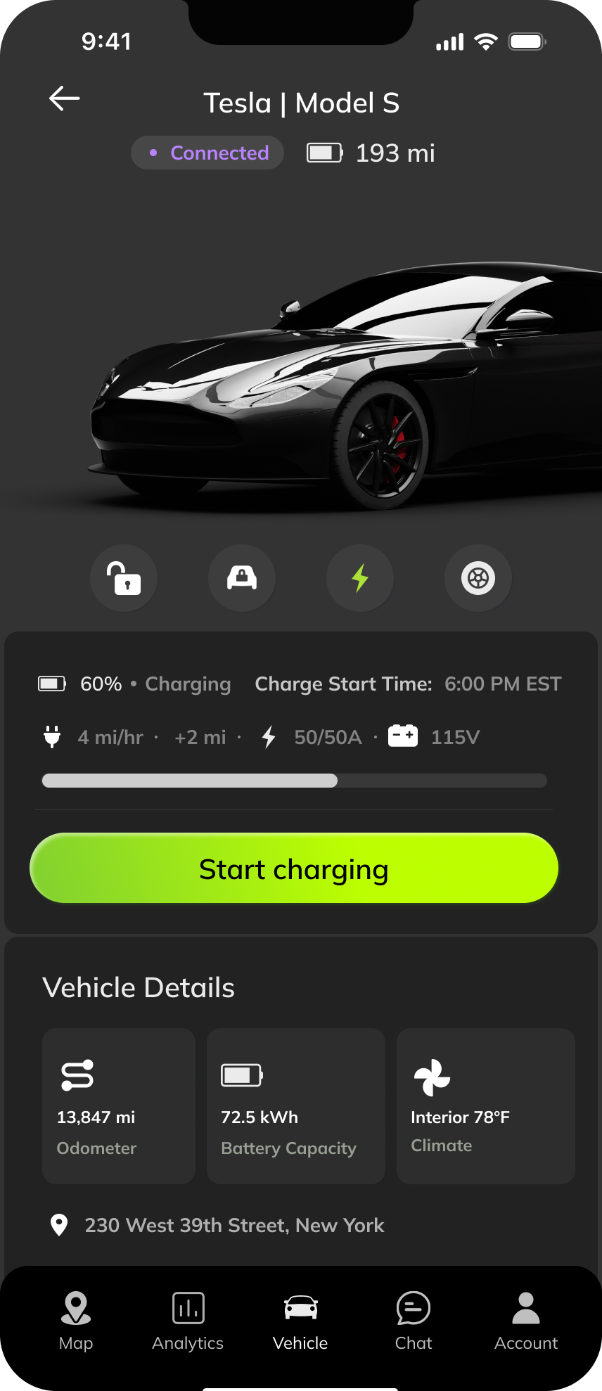 splitEV vehicle screen showing a connected Tesla Model S charging.