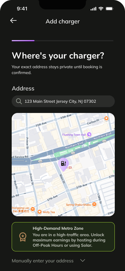 splitEV host onboarding step asking where the charger is.