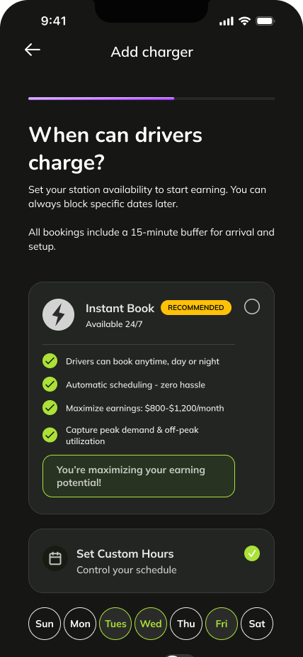 splitEV host onboarding step asking when drivers can charge.