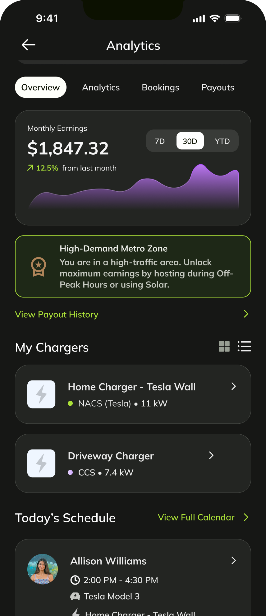 splitEV host analytics with monthly earnings, chargers, and schedule.